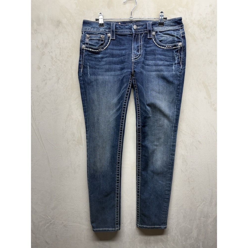 Miss Me Signature Skinny Jeans 30x31 Blue Bling Rhinestone Flap Pocket Denim